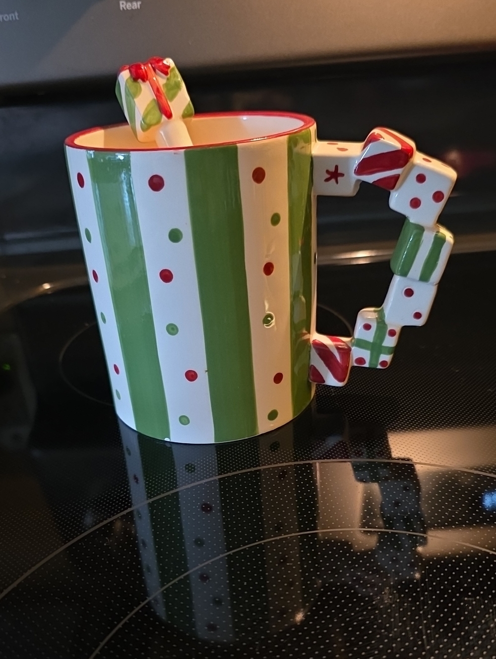Mud Pie Green & White Striped Holiday Mug with Decorative Handle